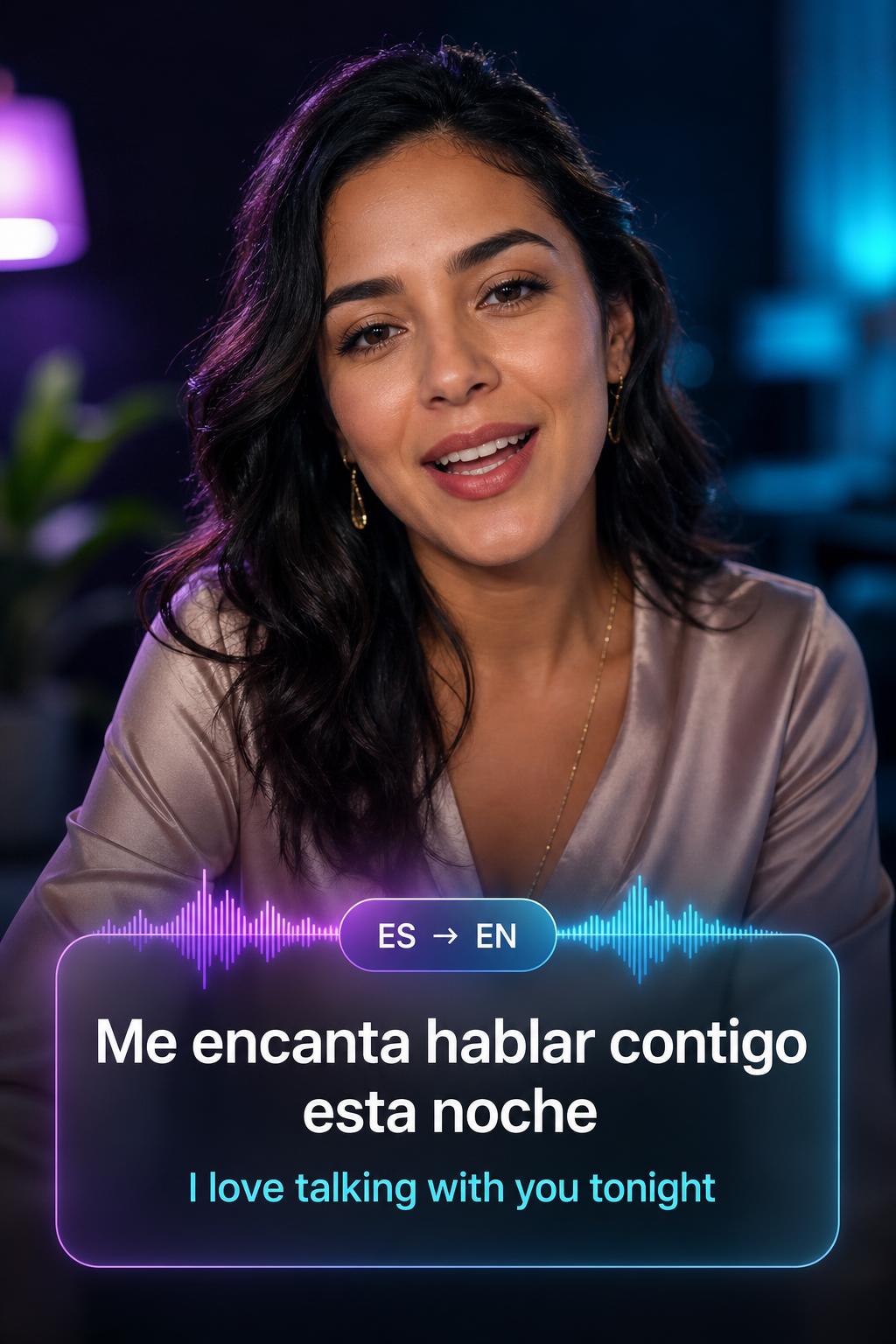 Captura de pantalla mostrando una conversación en vivo con subtítulos traducidos del español al inglés sobre el video